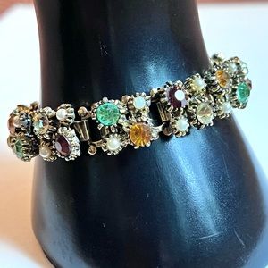 Vintage Bracelet Rhinestone Book Chain Pastel Green Yellow Gold Retro Jewelry